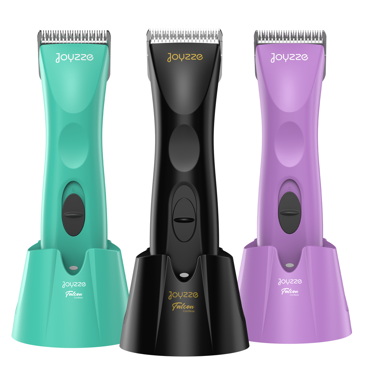 Joyzze Falcon A5 cordless clippers in black, teal and purple; GroomFest bundle includes a Refuresh towel and Joyzze blade oil