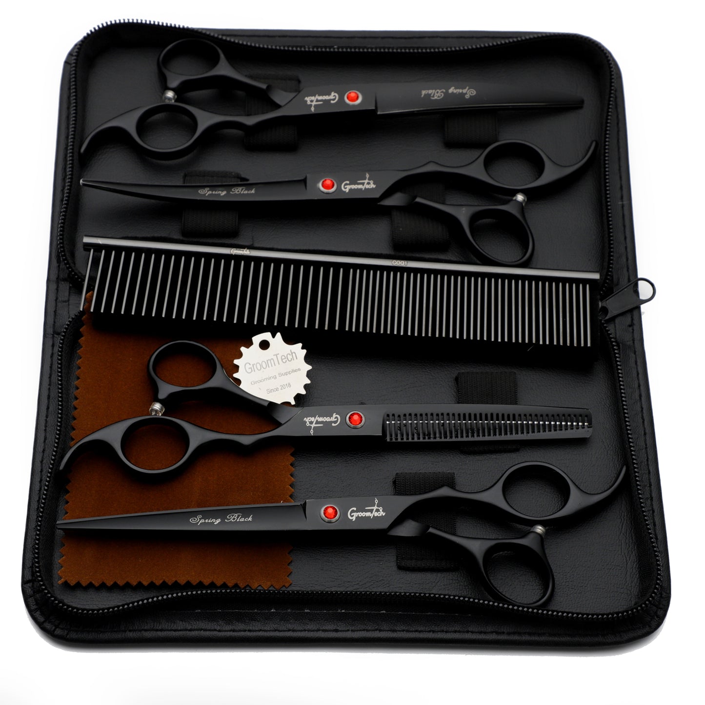 Groomtech - Spring Black Pet Grooming Scissors Kit - Set of 4 with Comb