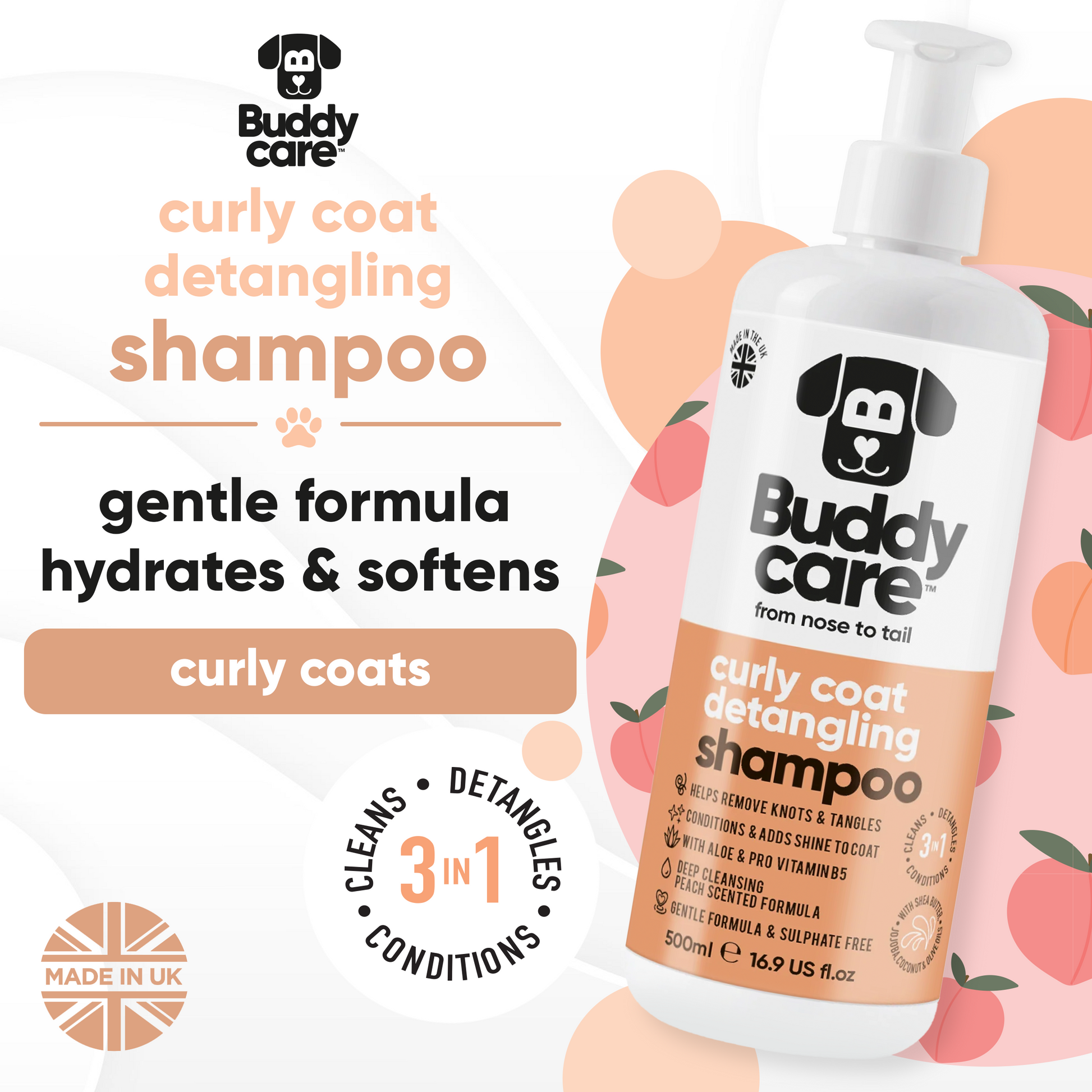 Curly Coat Detangling 3 in 1 Peach Dog Shampoo key product benefits