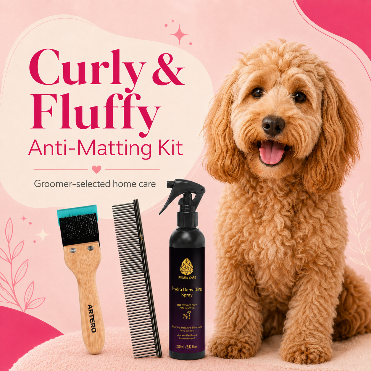 Curly and Fluffy Anti-Matting Kit with Artero Nala slicker, Groomtech comb and Hydra spray