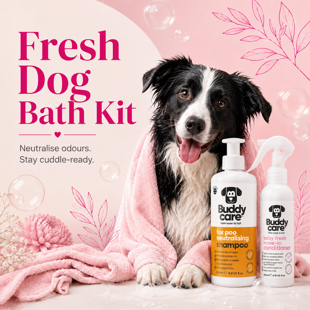 Fresh Dog Bath Kit with Buddycare shampoo and leave-in conditioner